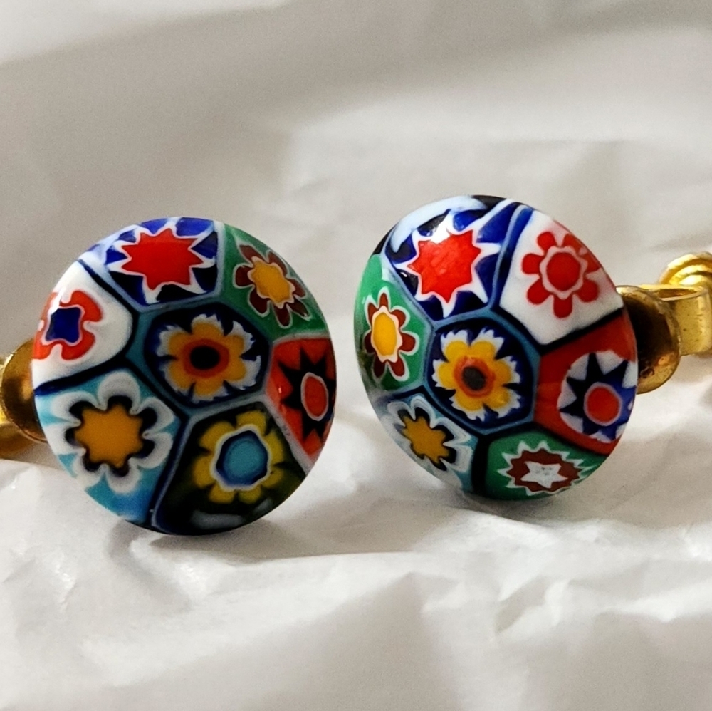 Vintage Millefiori Glass Floral Clip-on Earrings-used